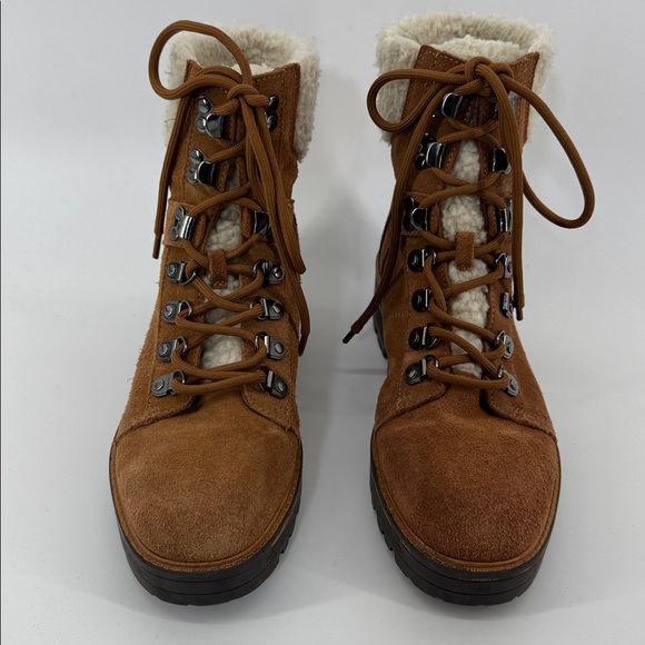 Marc Fisher Boots Isabel Leather Lug Sole Lace Up Brown Suede Shearling Cuff 7.5 - Picture 2 of 7